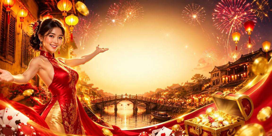 Người chơi bài truyền thống trong không gian lễ hội tại Hội An với đèn lồng và sắc màu văn hóa