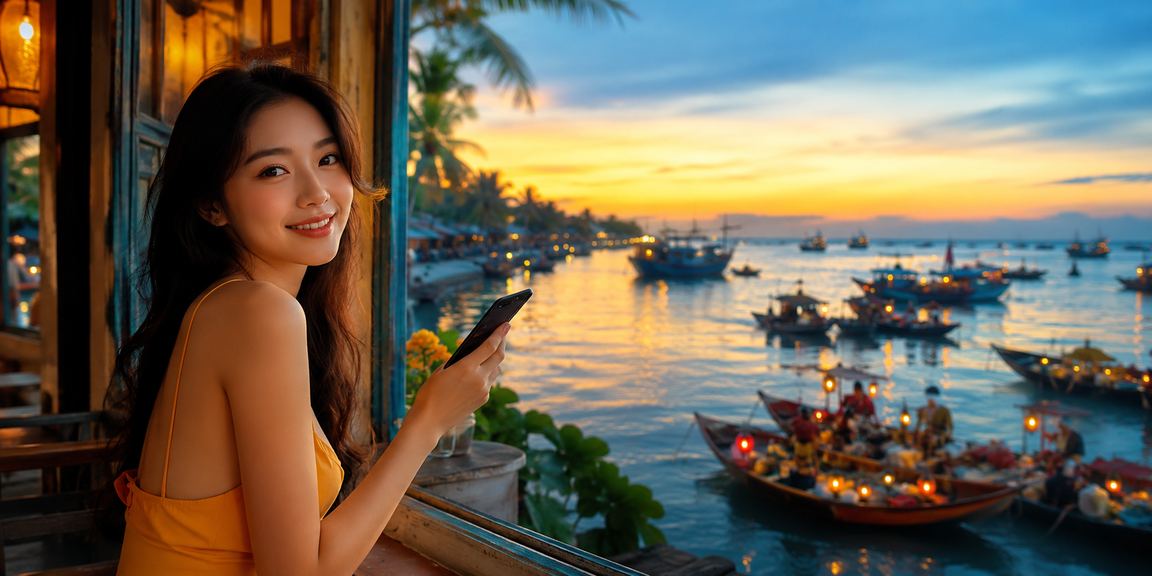 Phong bao đỏ may mắn và ly cà phê Việt tượng trưng cho ưu đãi tiền thưởng dịp Tết tại Mũi Né