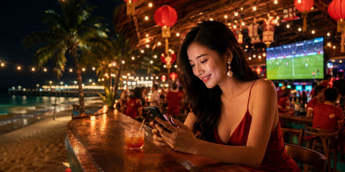 Người chơi thư giãn tại bãi biển Phú Quốc và tham gia cá cược slot game trực tuyến